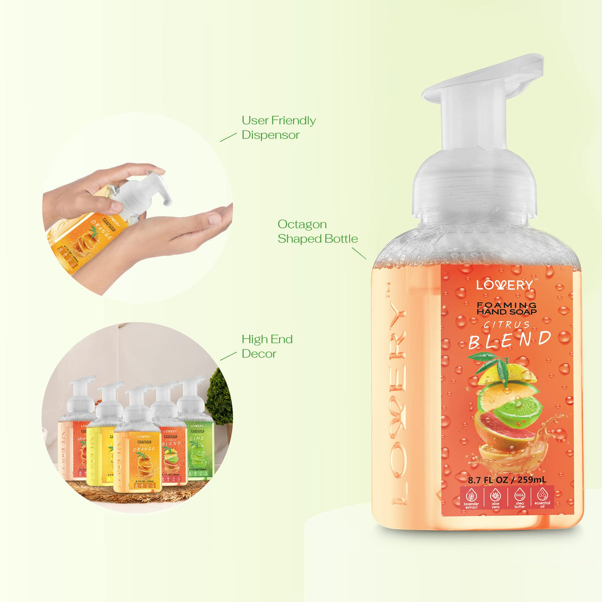 Lovery pump closeup highlighting easy press dispenser and consistent foam delivery benefit