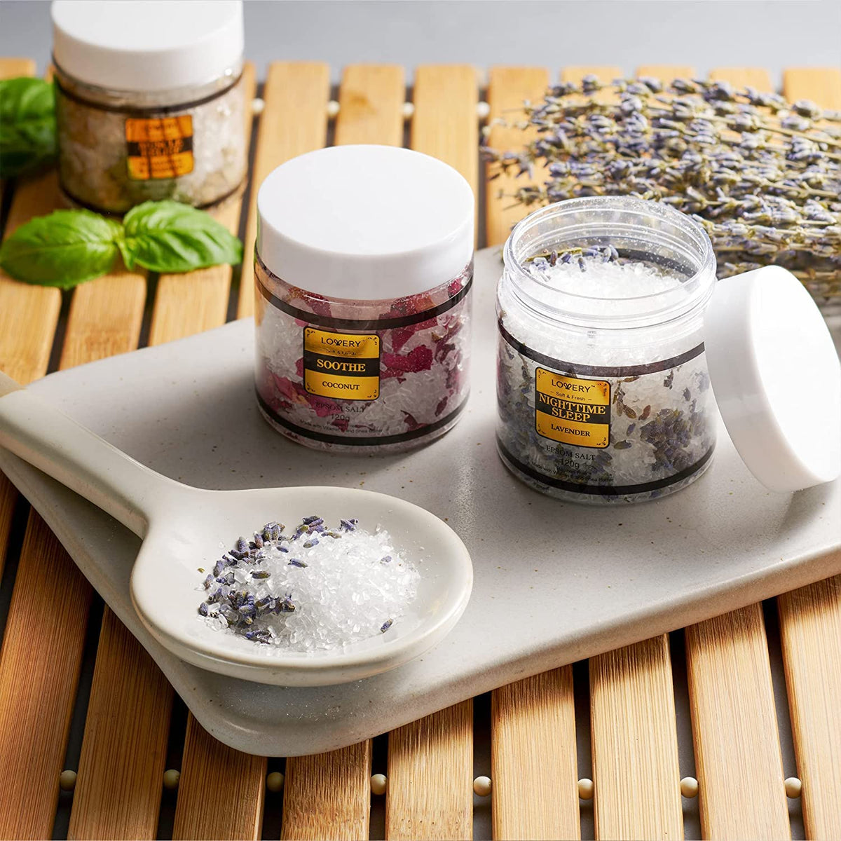 Lovery wooden scoop measuring bath salts for easy, tidy use