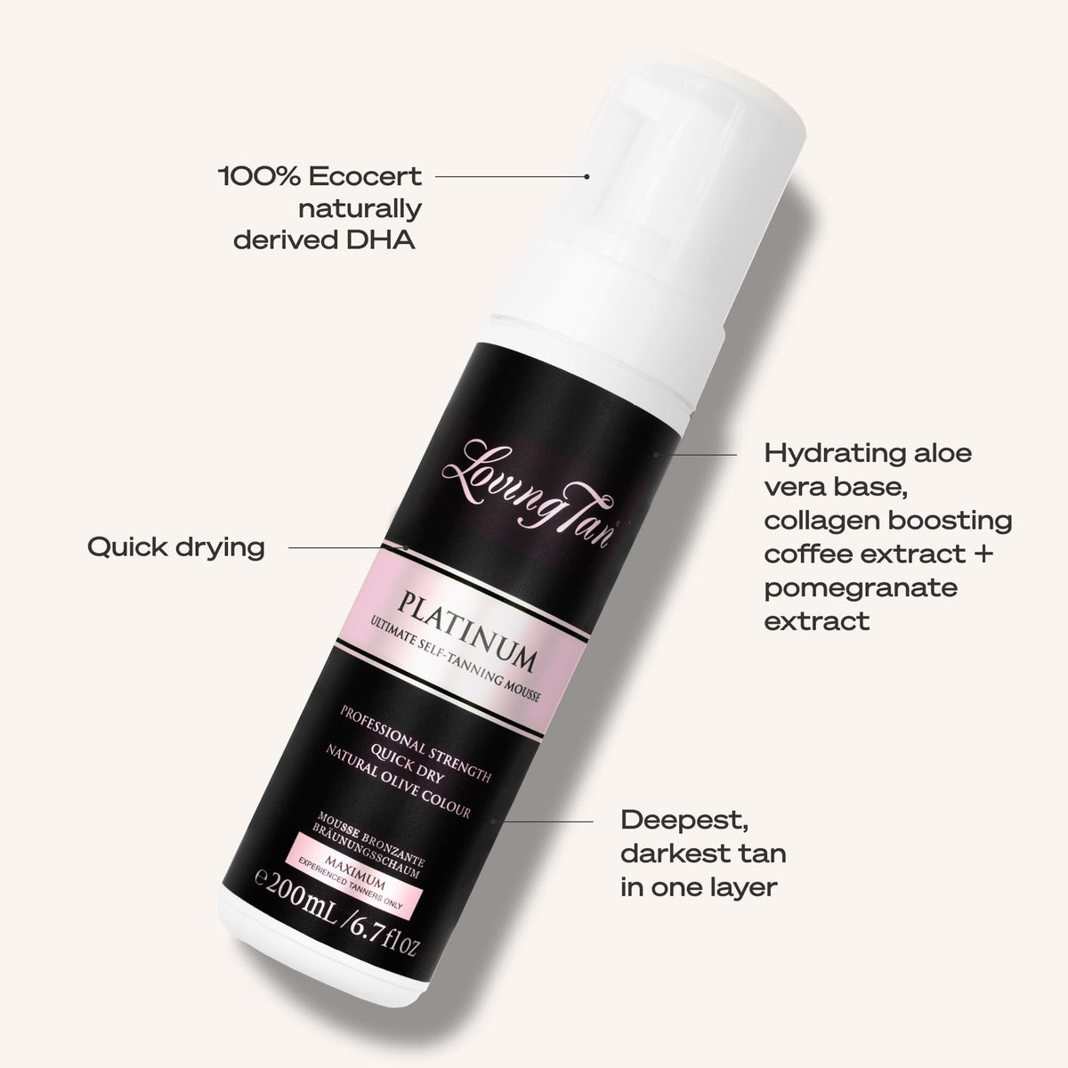 Loving Tan bottle next to a hand showing 6.7 fl oz size and yield