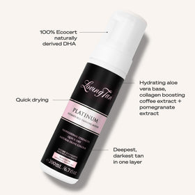Loving Tan bottle next to a hand showing 6.7 fl oz size and yield