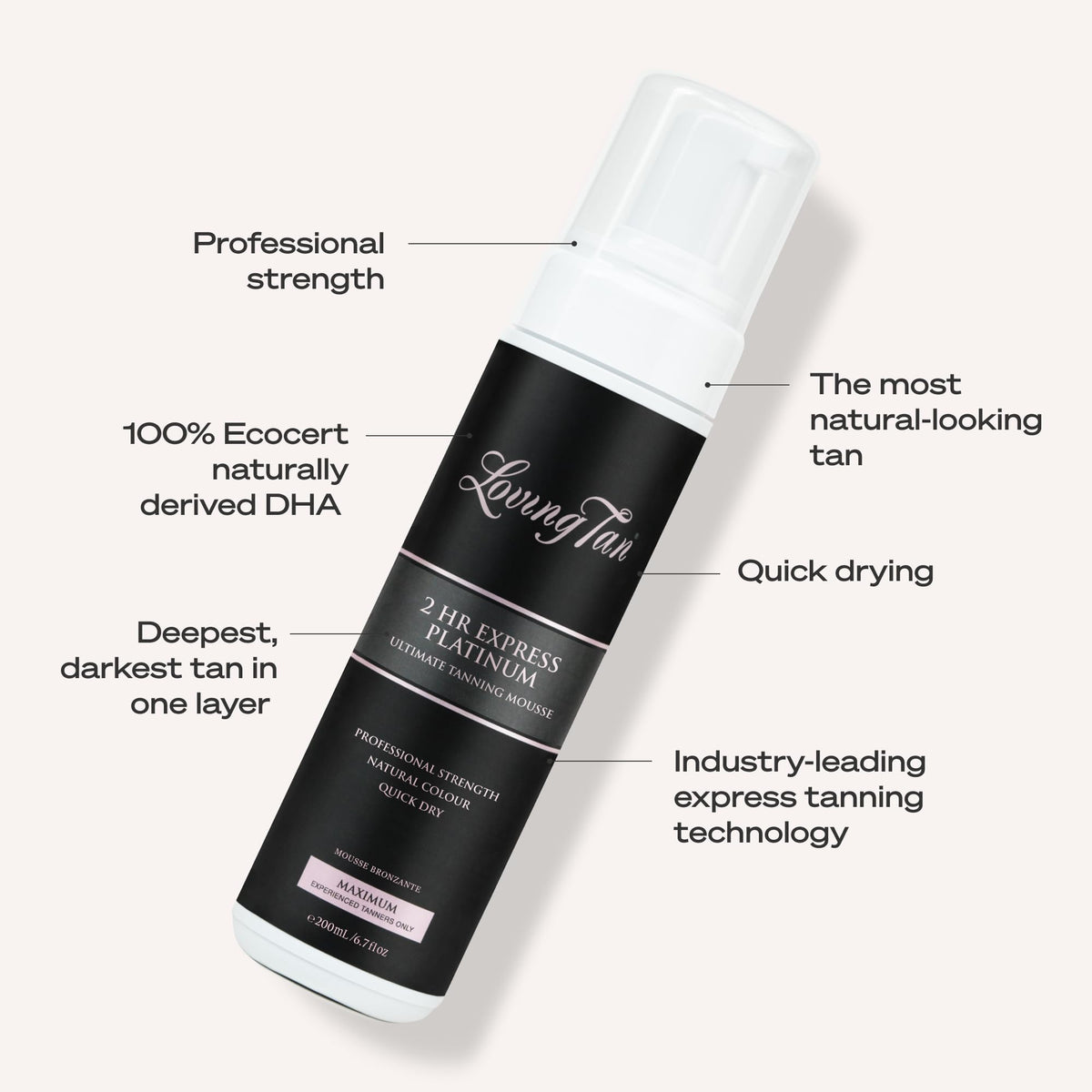 Loving Tan bottle held in hand showing 6.7 fl oz scale and multiple-application benefit