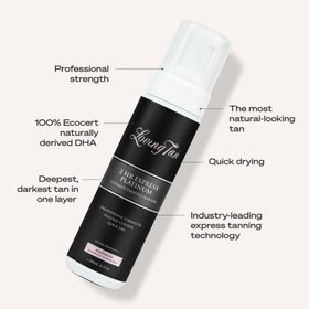 Loving Tan bottle held in hand showing 6.7 fl oz scale and multiple-application benefit