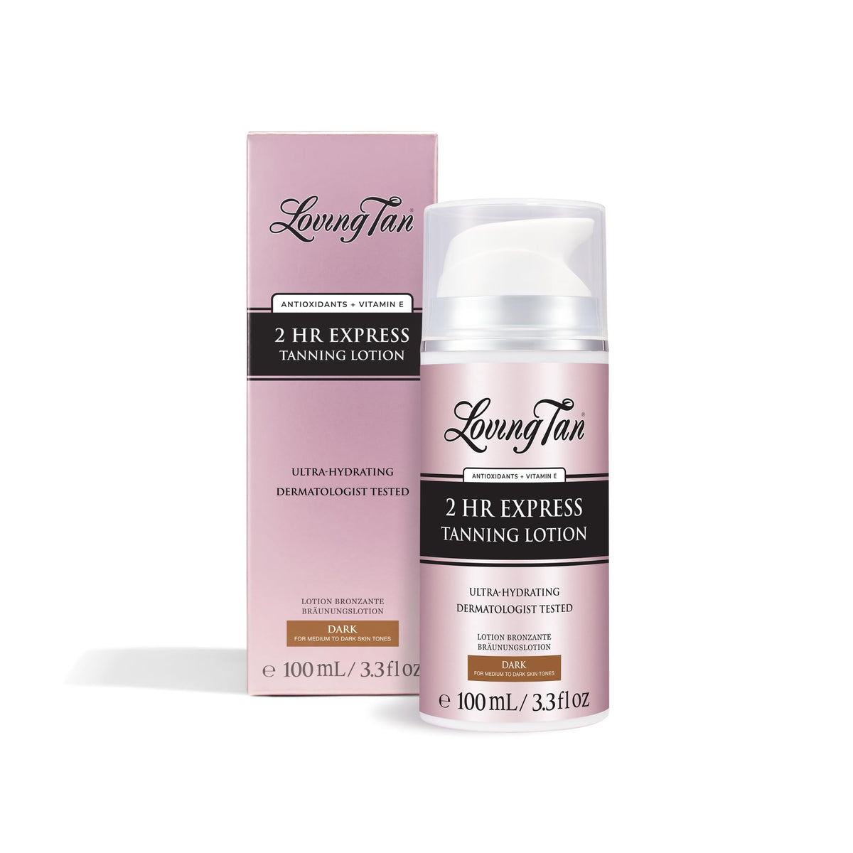 Loving Tan front packaging showing dark 3.3 fl oz bottle and benefit quick tan