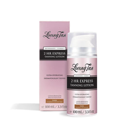 Loving Tan front packaging showing dark 3.3 fl oz bottle and benefit quick tan
