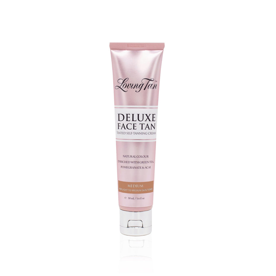 Loving Tan front packaging showing medium face tanner and branding for easy identification and trust