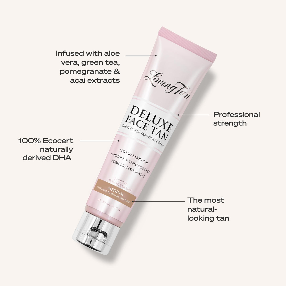 Loving Tan tube next to hand showing compact 1.6 oz size for travel-friendly convenience