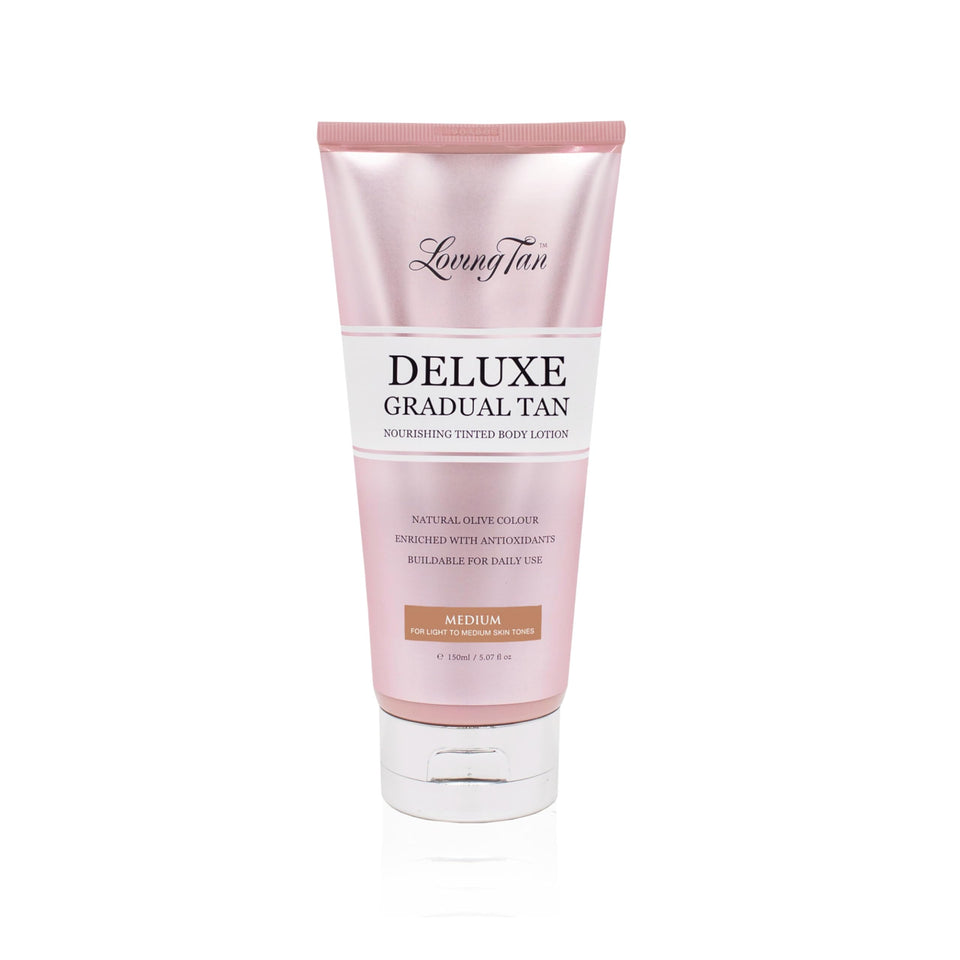 Loving Tan front packaging showing medium gradual tan bottle and benefits