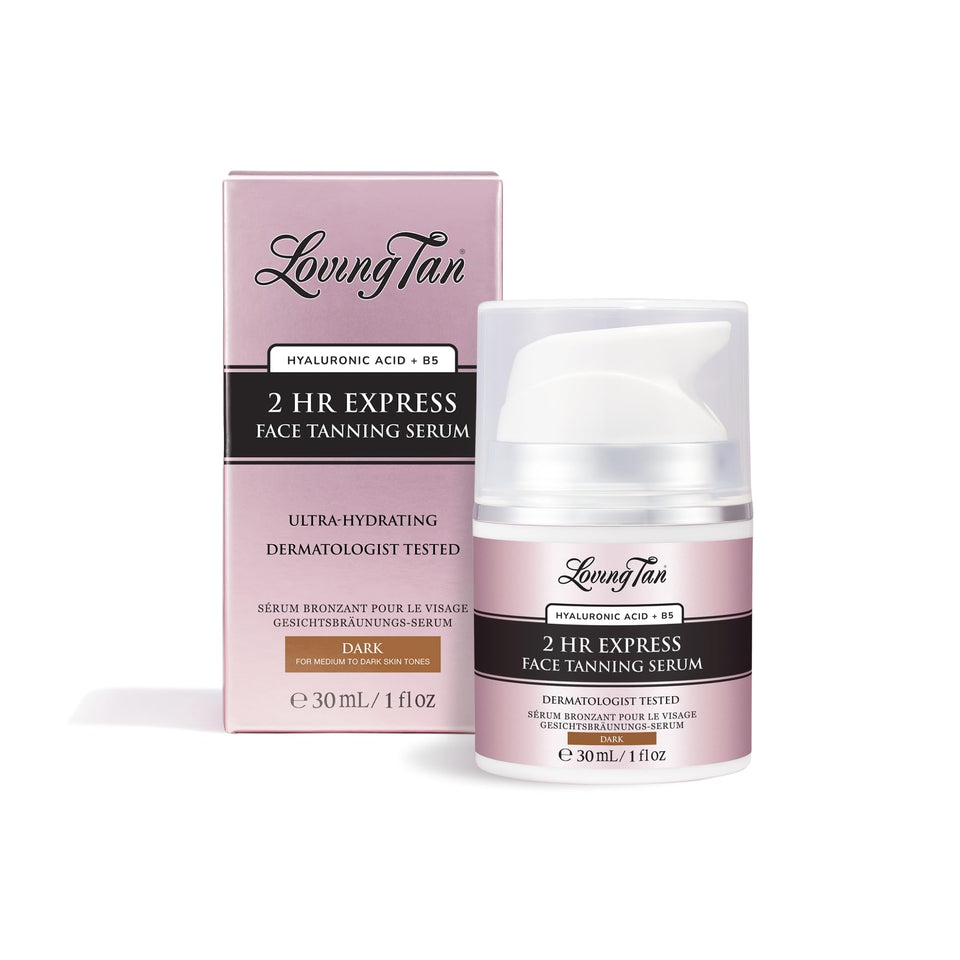 Loving Tan front packaging showing the face tanning serum and benefits