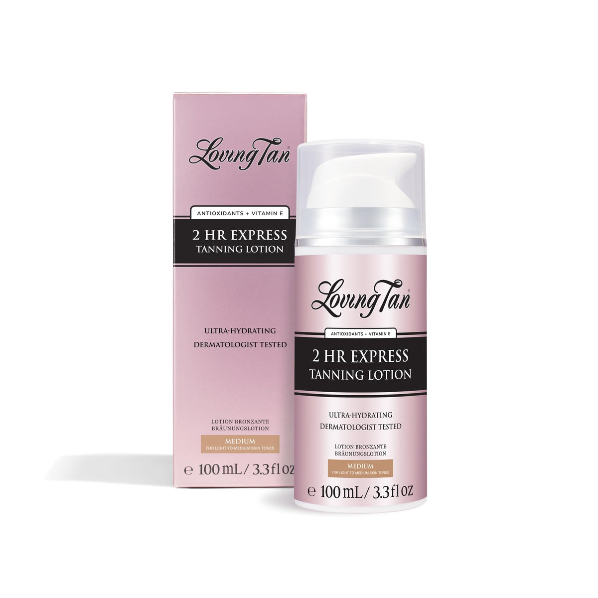 Loving Tan front bottle image showing medium-tint and skincare benefits
