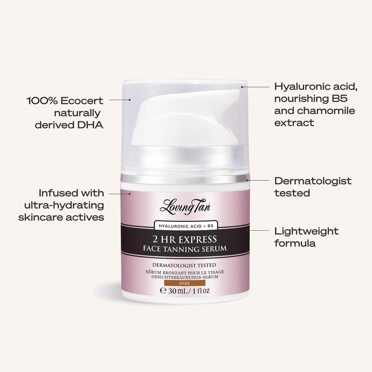 Loving Tan ingredient label with hyaluronic acid and vitamin B5 benefits