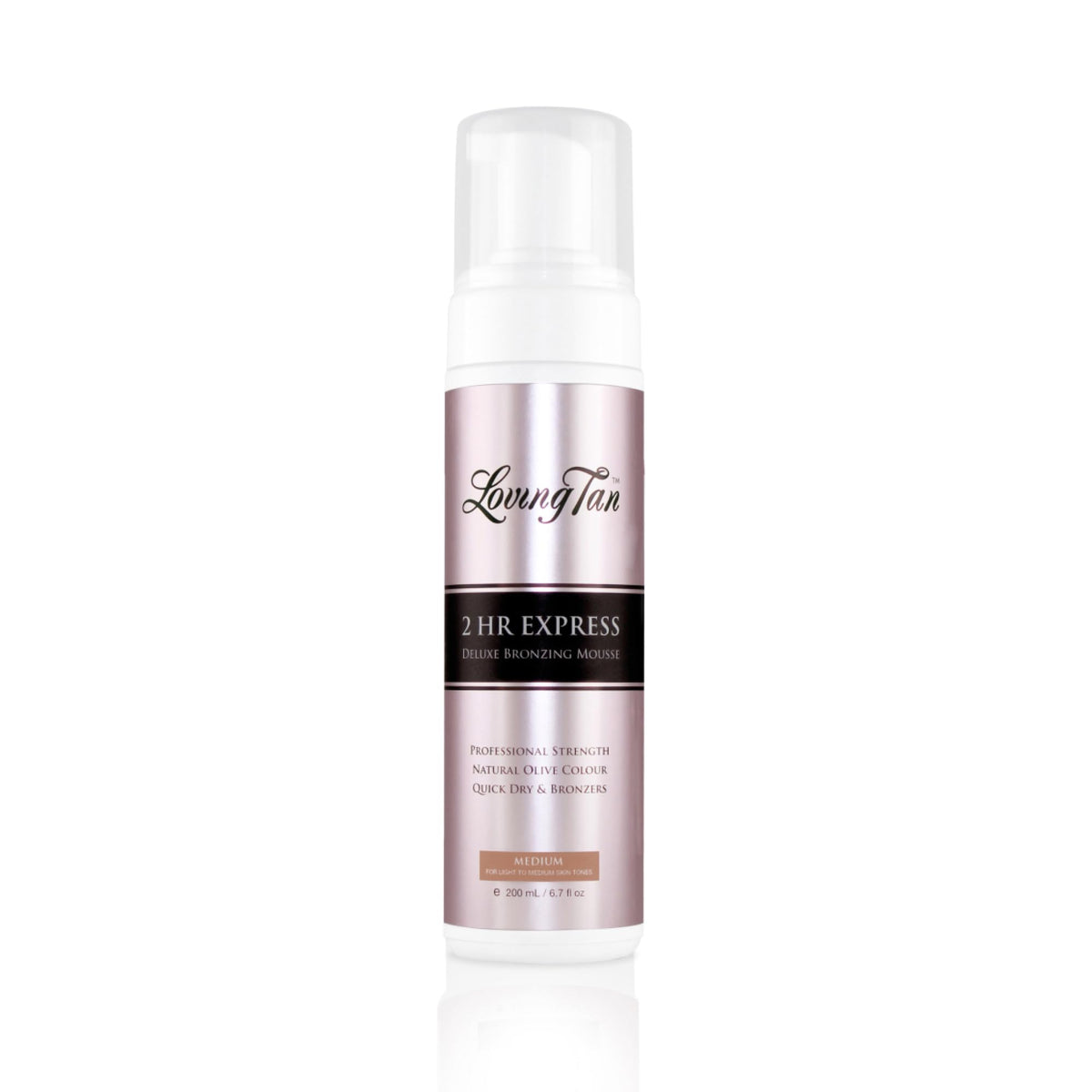 loving tan front bottle showing medium mousse and packaging benefit: clear product identity