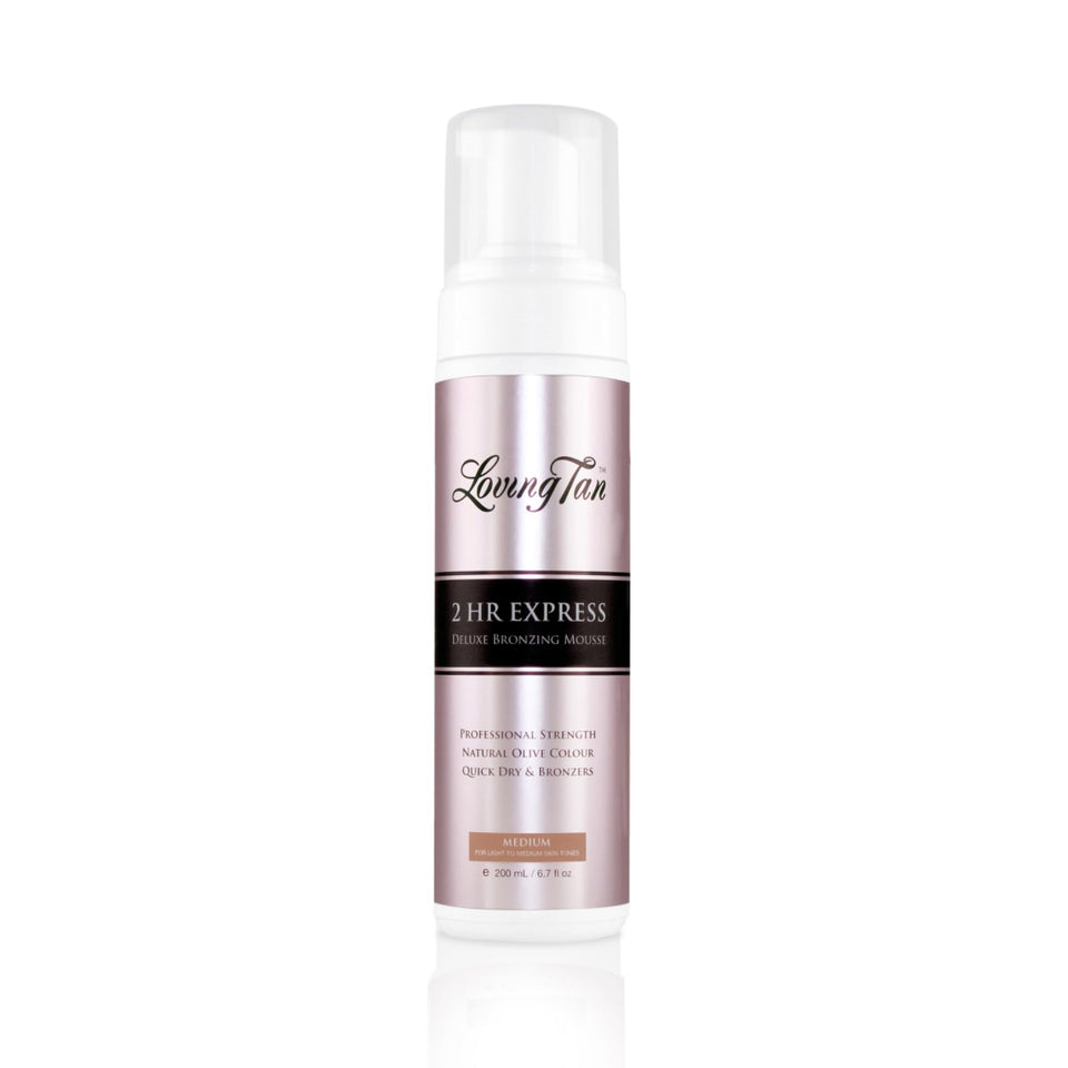 loving tan front bottle showing medium mousse and packaging benefit: clear product identity