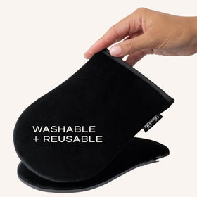 Applying self tan with Loving Tan mitt on leg for streak-free, salon-style finish
