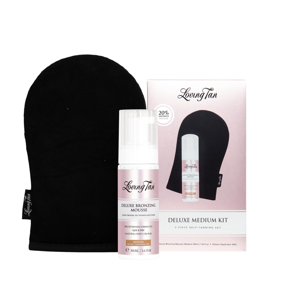 Loving Tan mousse front packaging showing compact travel-friendly bottle and branding benefit