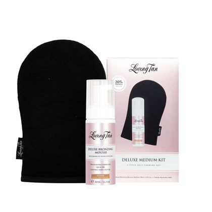 Loving Tan mousse front packaging showing compact travel-friendly bottle and branding benefit