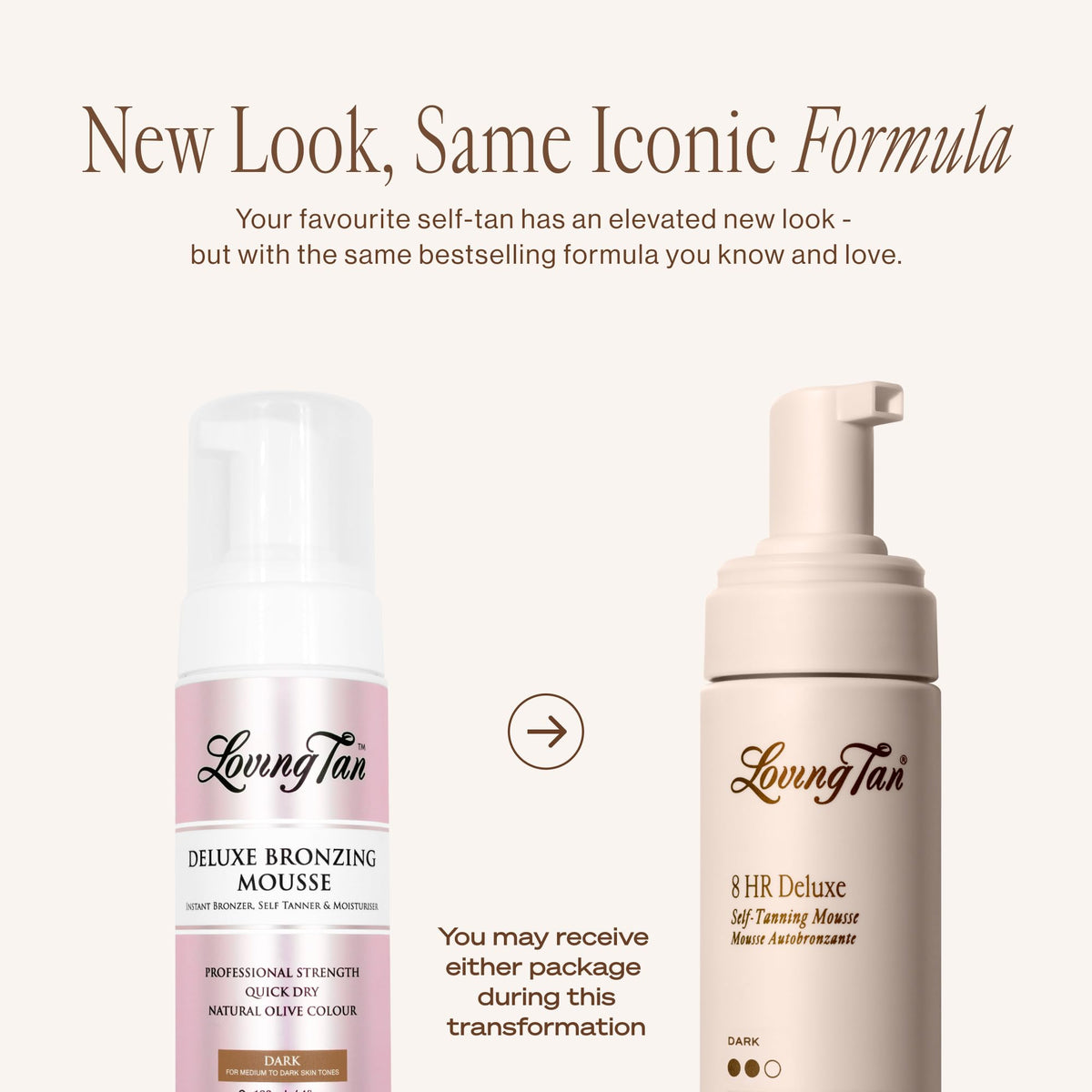 Loving Tan pump and label close-up highlighting fast-drying mousse benefit