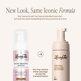 Loving Tan pump and label close-up highlighting fast-drying mousse benefit