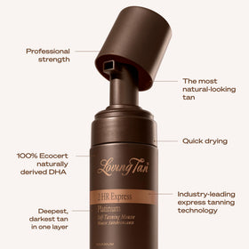 Loving Tan label detail highlighting premium ingredients and dermatology testing