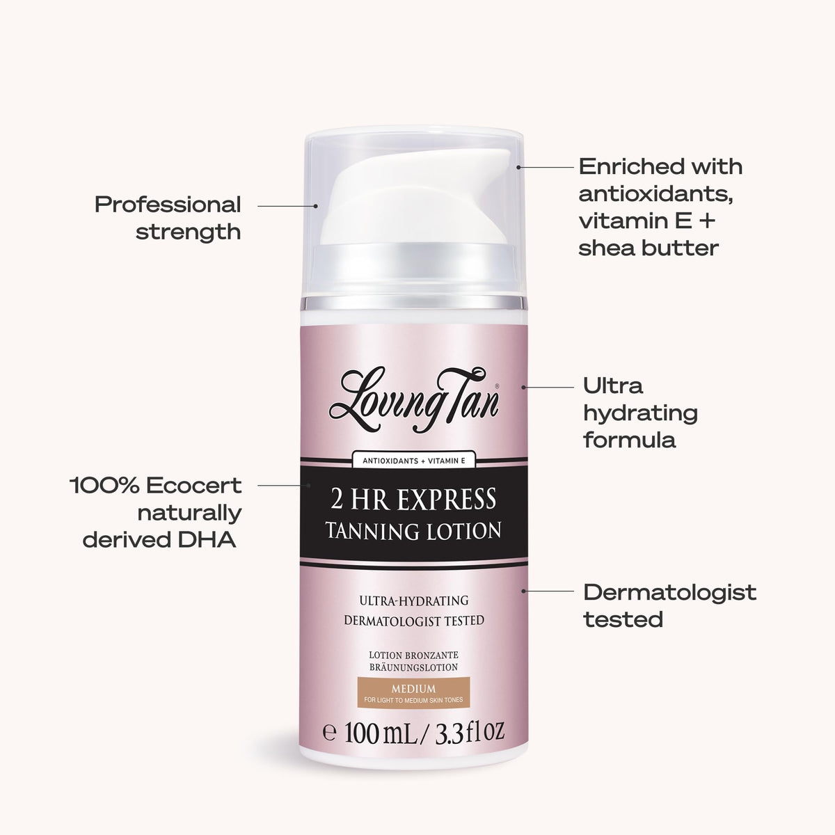 Loving Tan packaging label close-up showing Ecocert DHA and ingredients