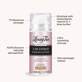 Loving Tan packaging label close-up showing Ecocert DHA and ingredients