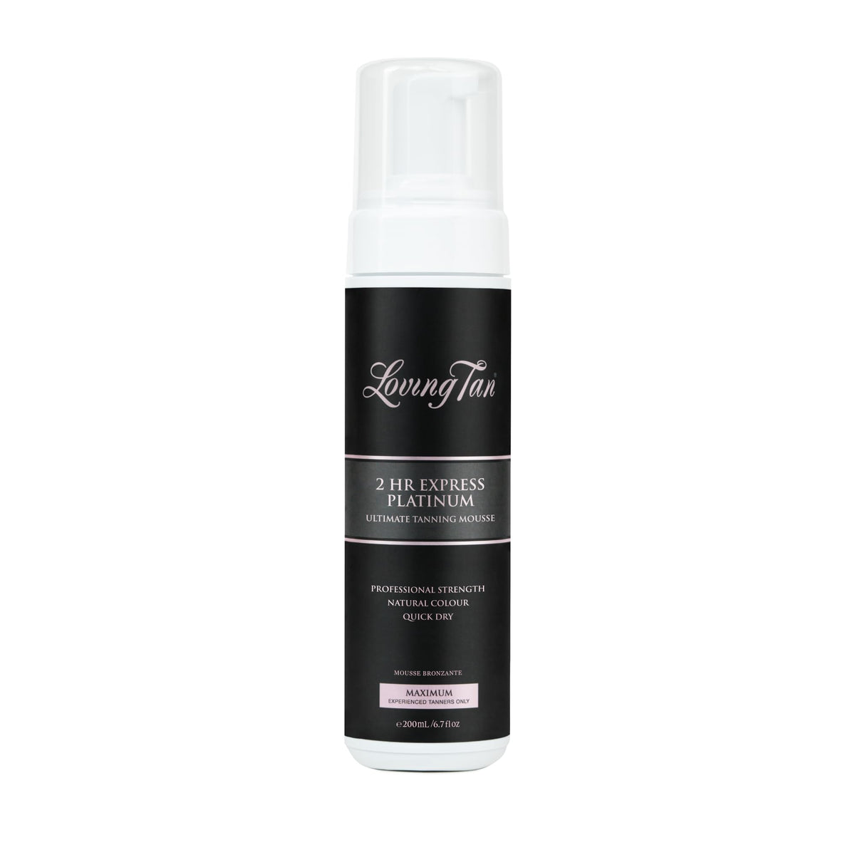 Loving Tan platinum bottle front view showing product and benefit of professional tan