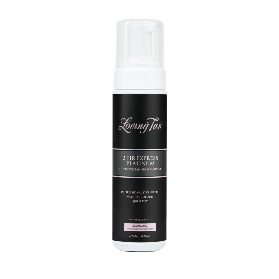 Loving Tan platinum bottle front view showing product and benefit of professional tan