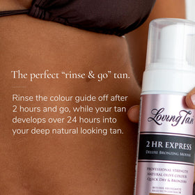 Loving Tan swatch on arm showing dark shade result and natural finish