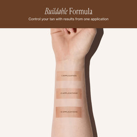 Loving Tan bottle next to hand illustrates 5.07 fl oz size and portability