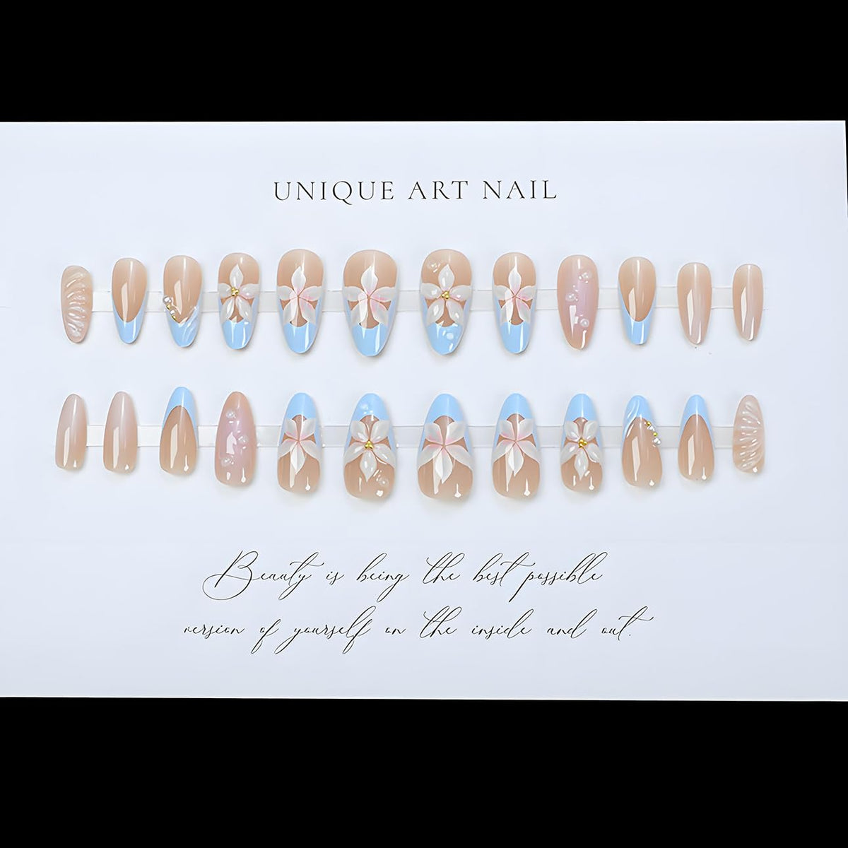 LPOODDNU application photo with adhesive tab showing quick five-minute manicure benefit
