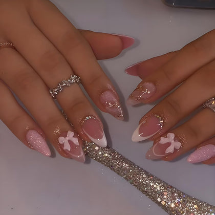 LPOODDNU front packaging showing 24-piece almond press-on nails kit, quick salon look
