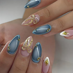 LPOODDNU front packaging showing 24-piece blue French almond nails, easy at-home manicure