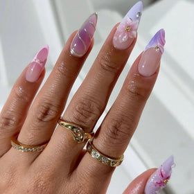 LPOODDNU front packaging showing purple pink almond press-on nails and benefits