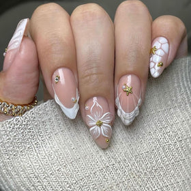 LPOODDNU front packaging showing 24-piece white French almond nails and kit convenience