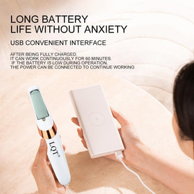 LQT foot file with USB cable plugged in illustrating convenient rechargeable battery benefit