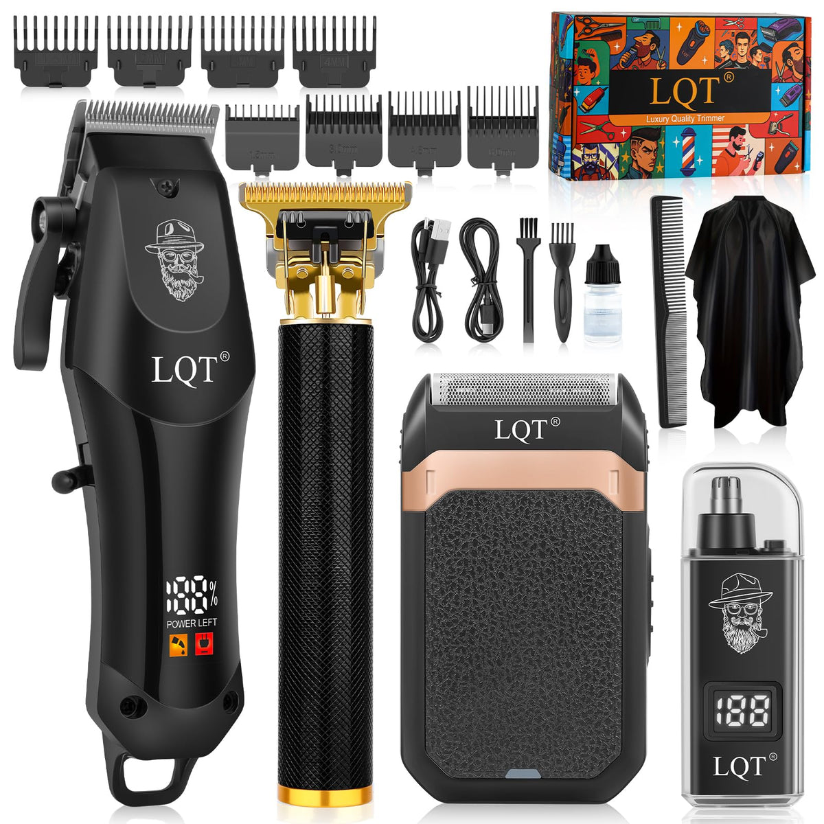LQT hair clipper front view showing ergonomic grip and blades for comfortable cutting