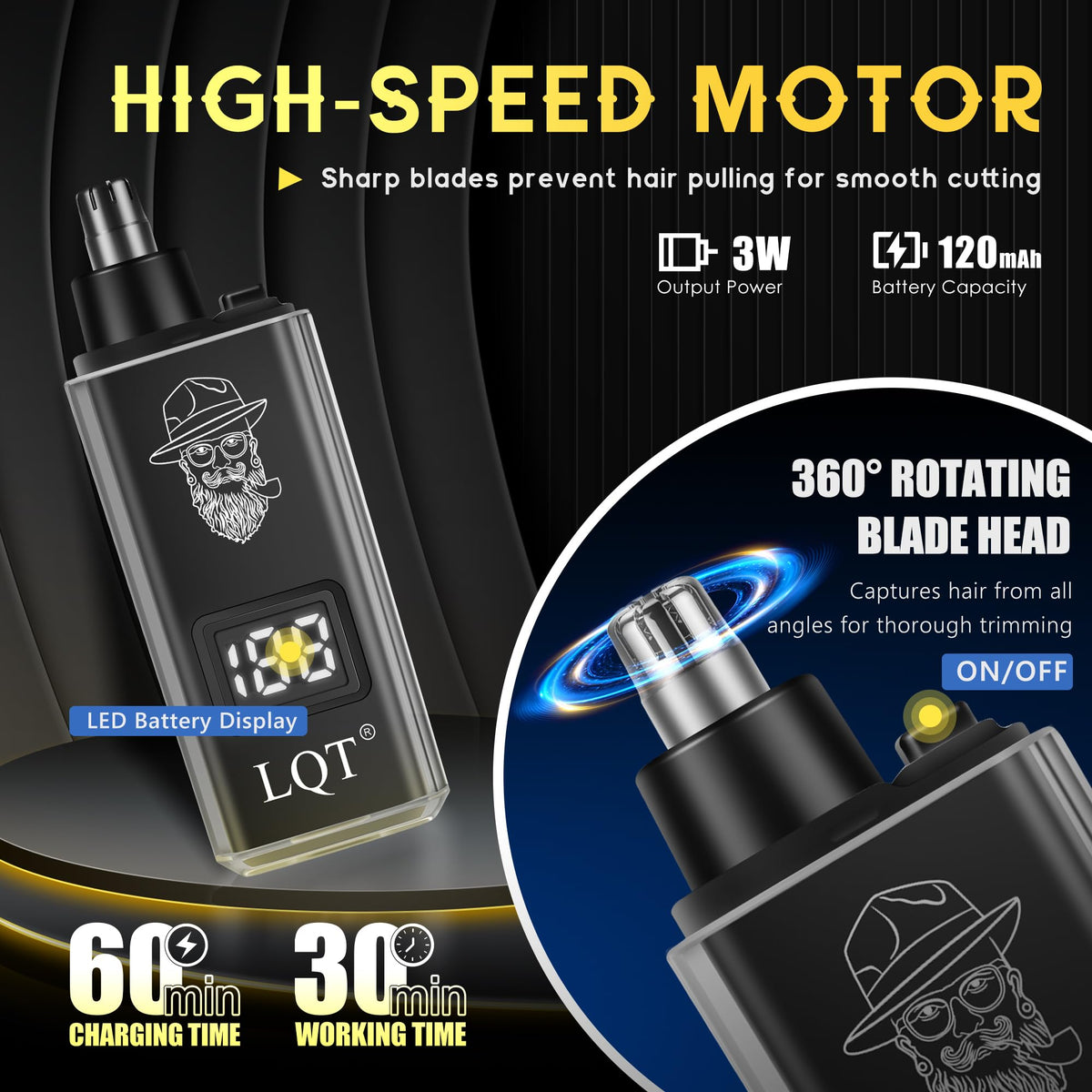 LQT clipper LED display showing battery and oil indicators for convenience
