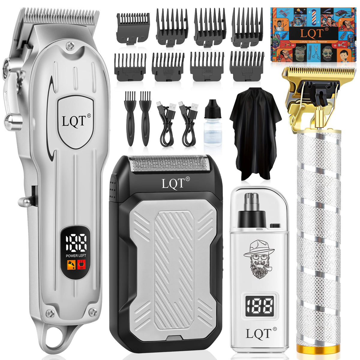 LQT full kit front view showing tools and combs for versatile grooming