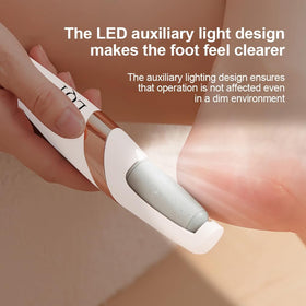 LQT foot file held in hand to show compact size and improved control for precise treatment