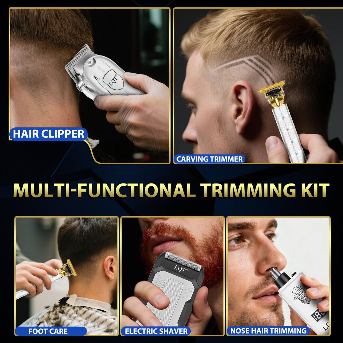 LQT grooming kit in a home bathroom setting for convenient at-home barbering