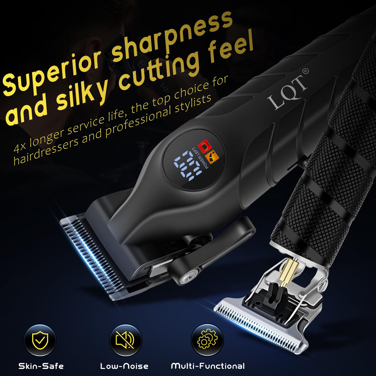 LQT T-blade close-up showing sharp edge for precise beard lines
