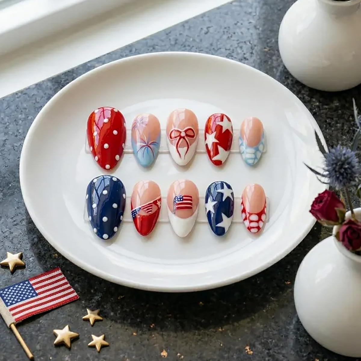 LRKNNO press-on nails worn on hands at a parade adding instant patriotic style