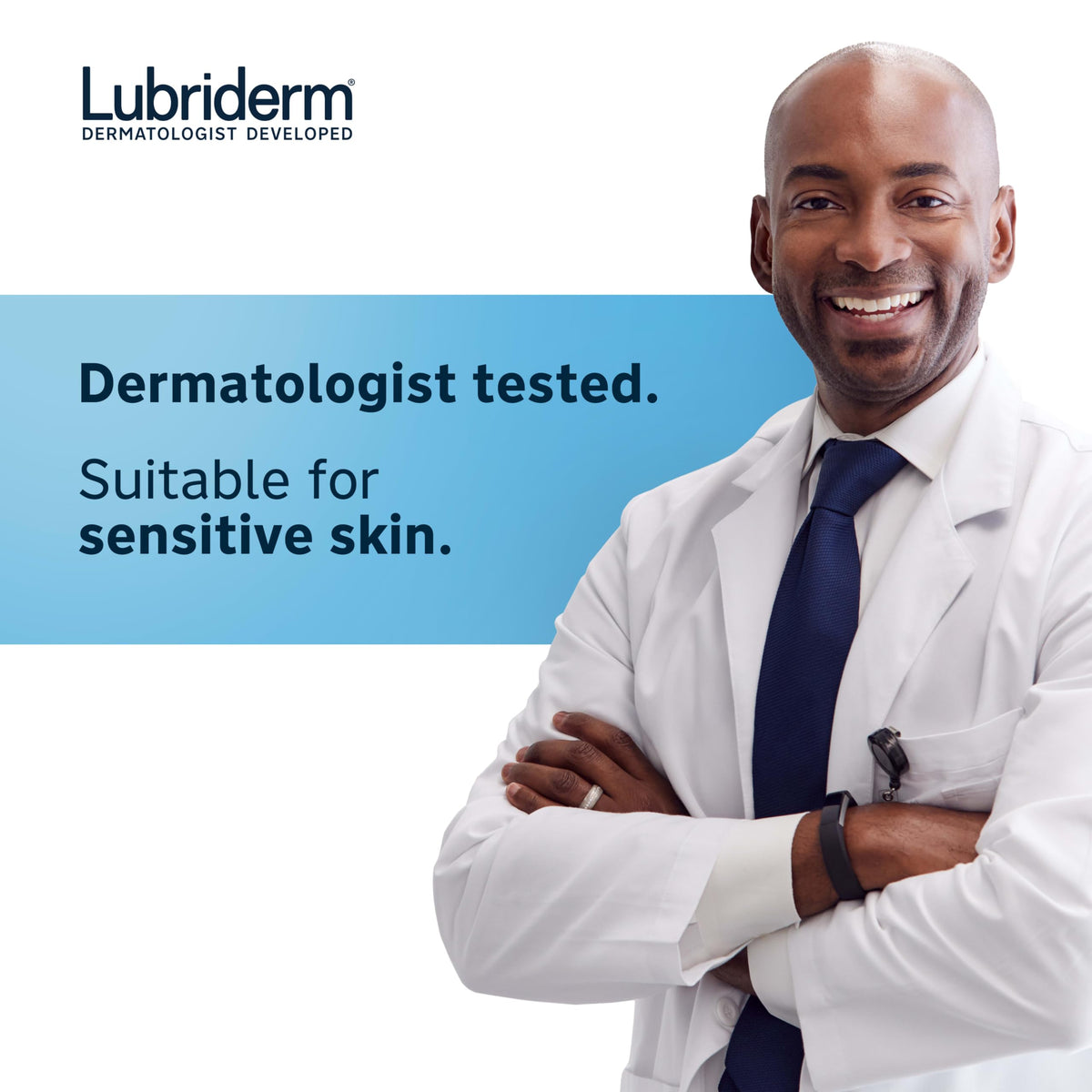 Lubriderm being applied to hands and elbow indicating targeted relief for dry areas