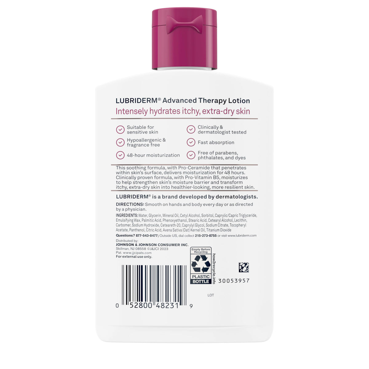 Back of Lubriderm bottle showing directions and hypoallergenic information