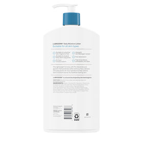 Lubriderm bottle on bathroom shelf lifestyle shot showing routine-friendly hydration