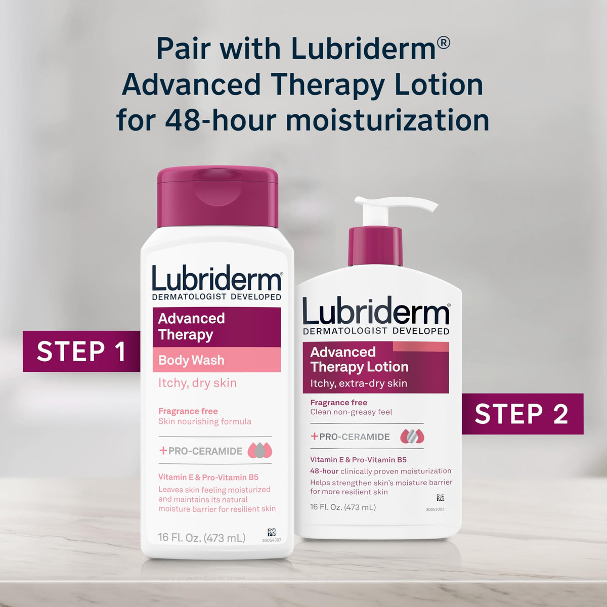 Lubriderm bottle beside matching lotion showing hydration routine