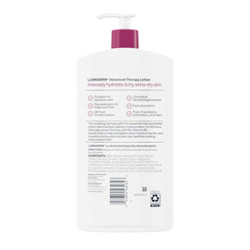 Lubriderm bottle beside towel portraying post-shower use and quick absorption