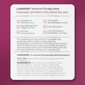 Lubriderm bottle placed on bath counter, practical everyday use benefit