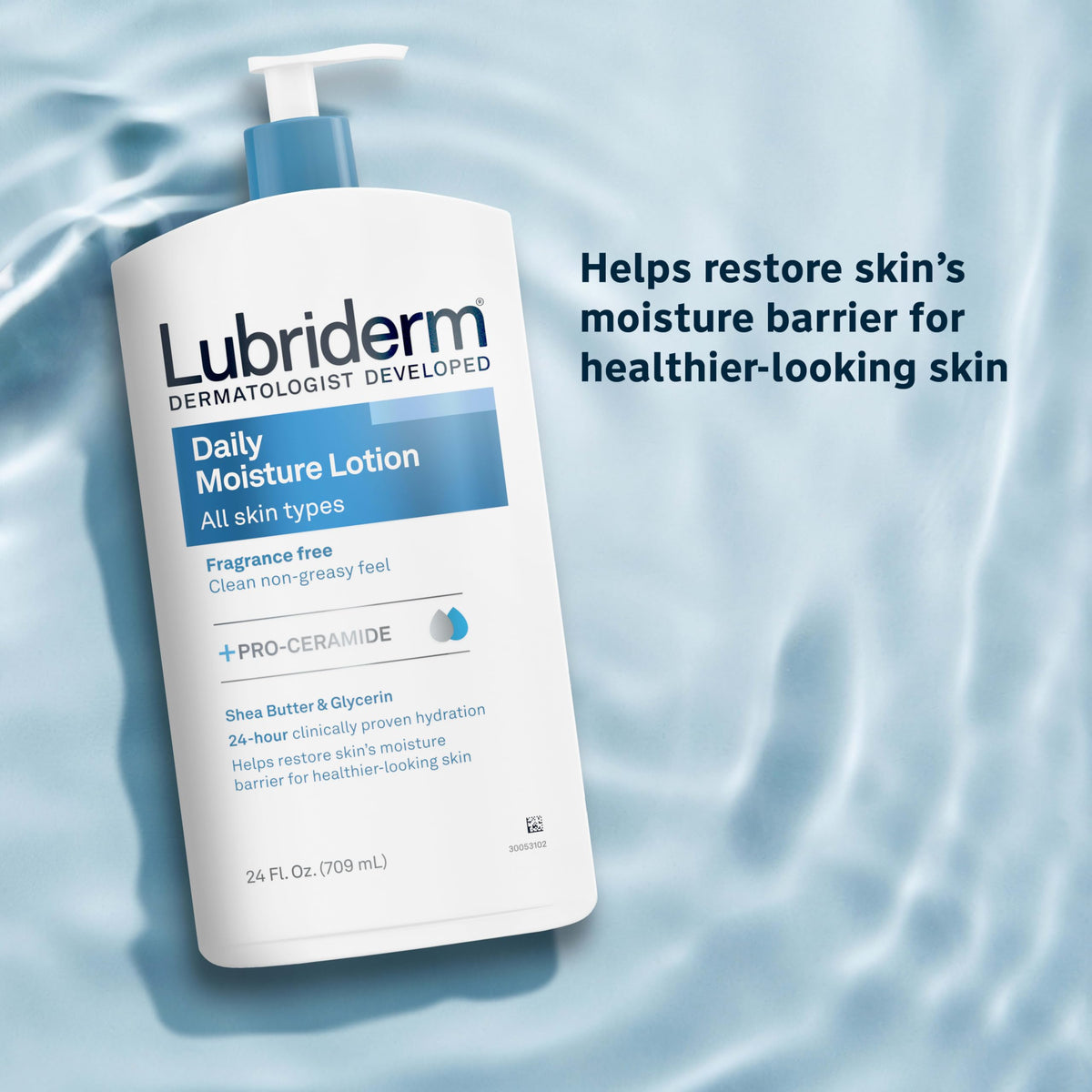 Lubriderm ingredient label close-up showing Pro-Ceramide and ingredient transparency benefit