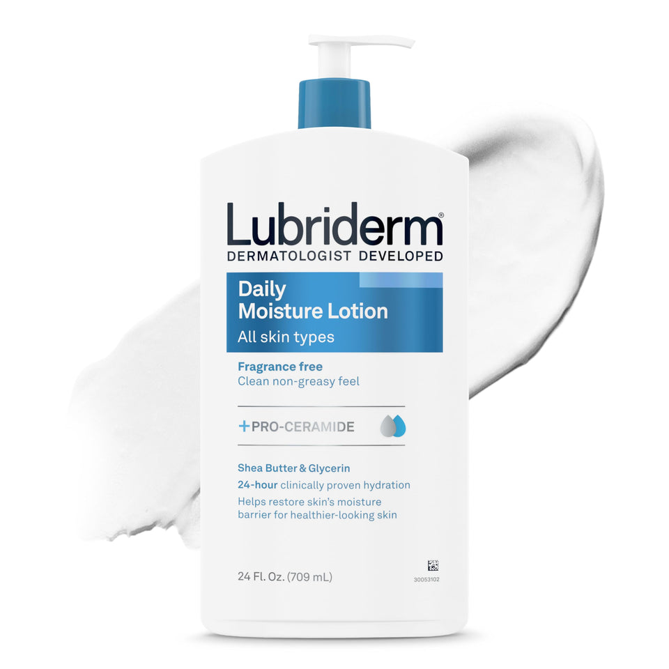 Lubriderm front bottle unscented shows clean packaging and immediate hydration benefit