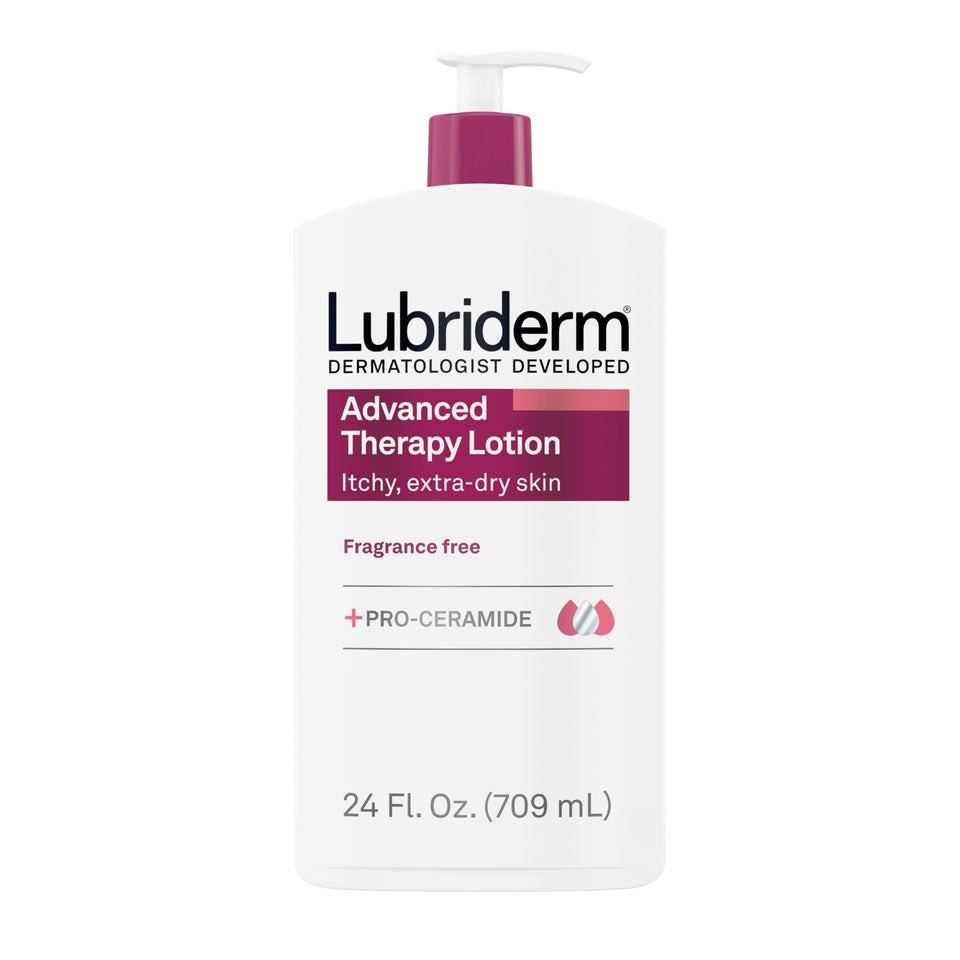 Lubriderm front bottle showing label and 24 fl oz size for reliable hydration